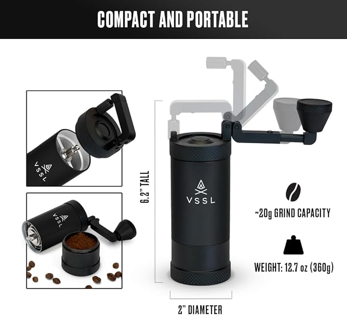 VSSL Java Manual Coffee Grinder, 20 Gram Capacity, Stainless Steel Burr, 50 Settings, Black