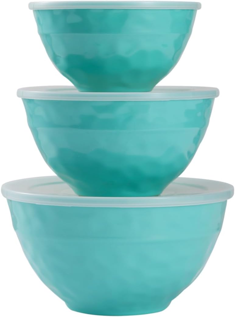 TP Mixing Bowl Set with Lids, 6-Piece Melamine Nesting Bowls Set for Pasta Baking Salad Mixing, Set of 3, Glossy Turquoise
