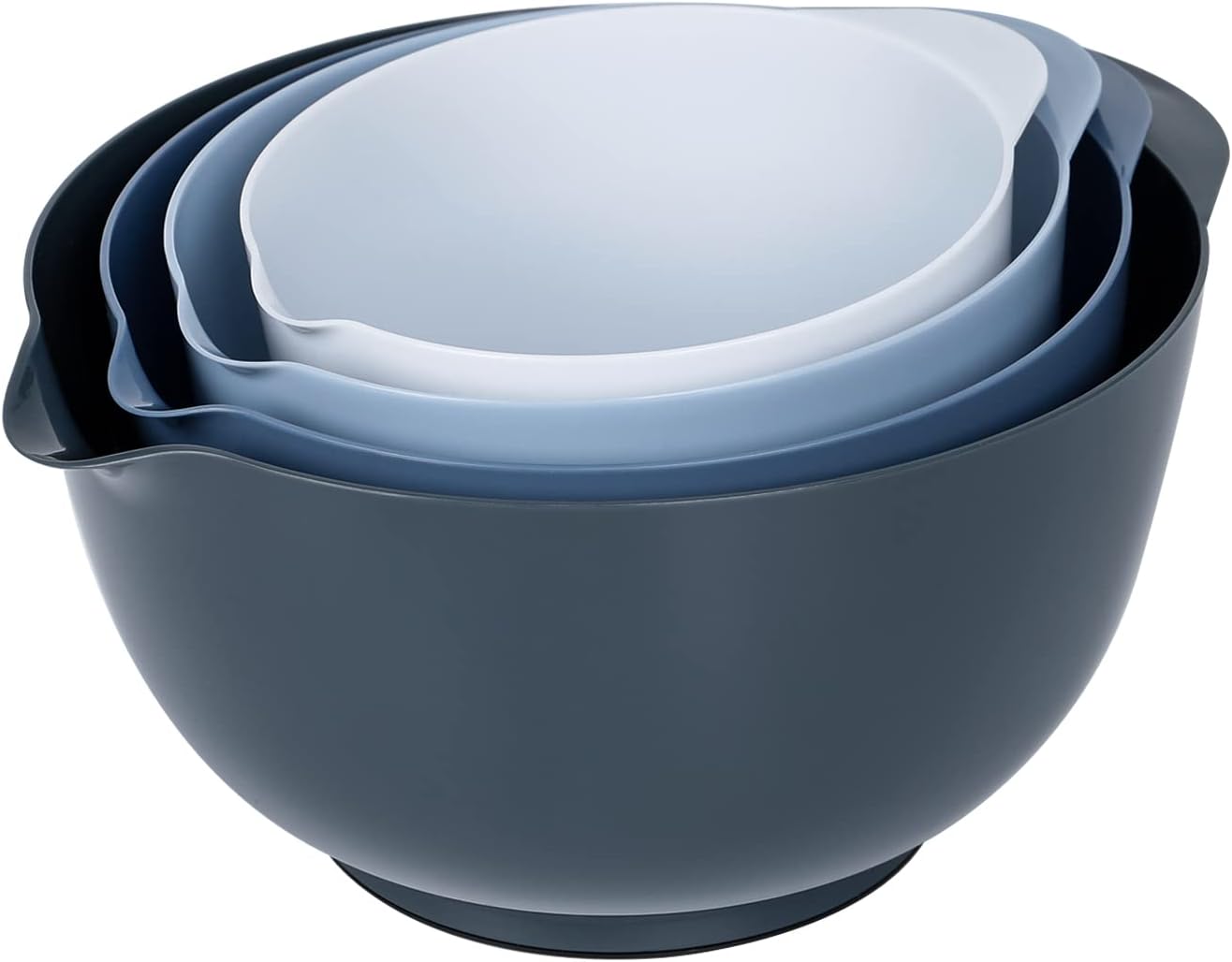 BoxedHome Nesting Plastic Mixing Bowl Set With Pour Spout, Microwave and Dishwasher Safe, BPA free Non-Slip Base, Set of 4 Size 1.7, 2.5, 3.5 and 4.5qt, Great for Prepping, Baking, Cooking (Haze Blue)