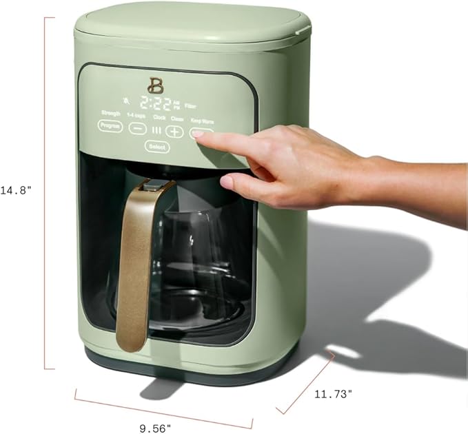 Beautiful by Drew Barrymore 14-Cup Programmable Drip Coffee Maker, Touch-Activated Display, Fast 14-Min Brew, Bold Strength, Keep Warm 4hrs, Gold Filter (Sage Green)