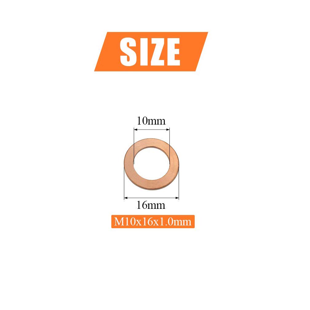 M10 Flat Washer Copper Sealing Ring, 10mm ID 16mm OD 1mm Thickness Metric Sealing Gasket, 75 Pieces