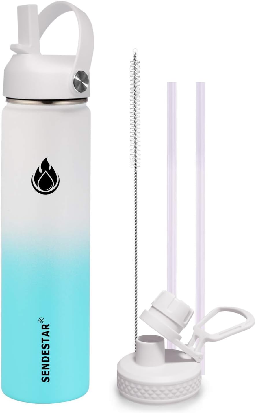 SENDESTAR Stainless Steel Wide Mouth Water Bottle 24oz Double Wall Vacuum Insulated Leak Proof Bottle with New Flex Straw Lid & Spout Lid