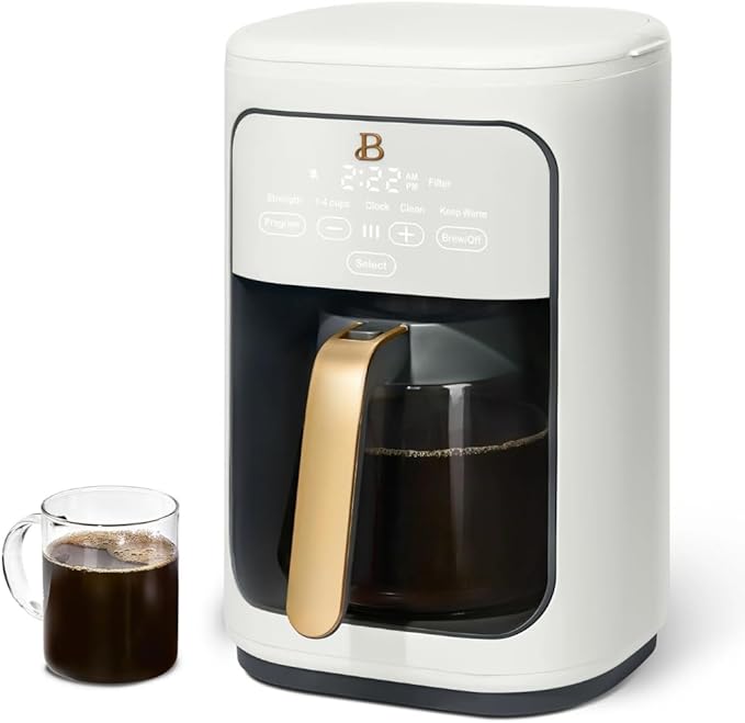 Beautiful by Drew Barrymore 14-Cup Programmable Drip Coffee Maker, Touch-Activated Display, Fast 14-Min Brew, Bold Strength, Keep Warm 4hrs, Gold Filter (White Icing)