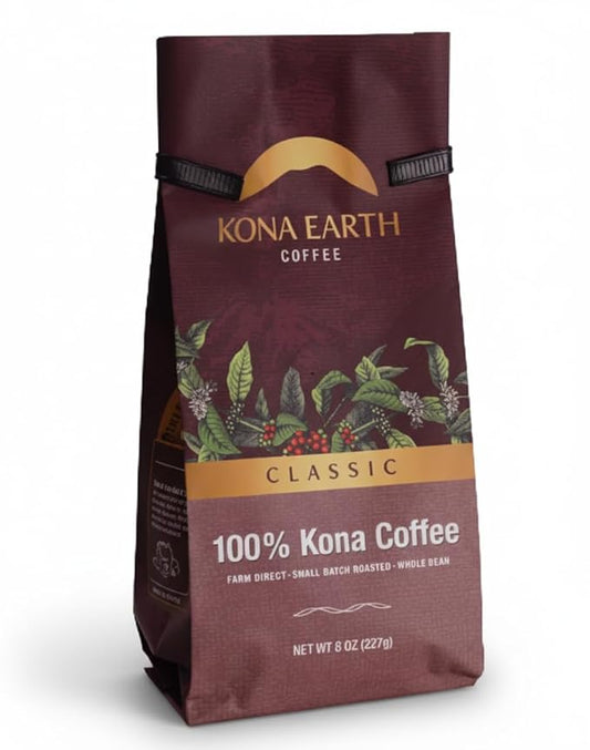 KONA EARTH 100% Kona Classic Coffee, Dark Roast, Whole Bean (8oz) Farm-Direct Authentic Hawaiian Kona Coffee beans from Hawaii’s Big Island, Micro-Batch-Roasted