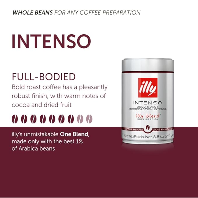 Illy Whole Bean Coffee, Intenso Bold Roast - Bold & Flavorful - 100% Arabica - Whole Beans - Pressurized Packaging Sealed for Freshness - 8.8oz can (Pack of 6)