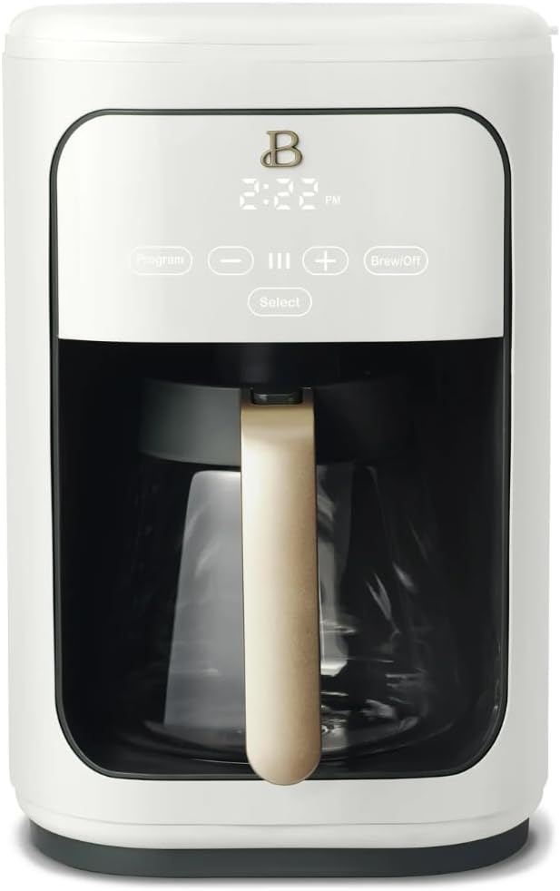 Beautiful by Drew Barrymore 14-Cup Programmable Drip Coffee Maker, Touch-Activated Display, Fast 14-Min Brew, Bold Strength, Keep Warm 4hrs, Gold Filter (White Icing)