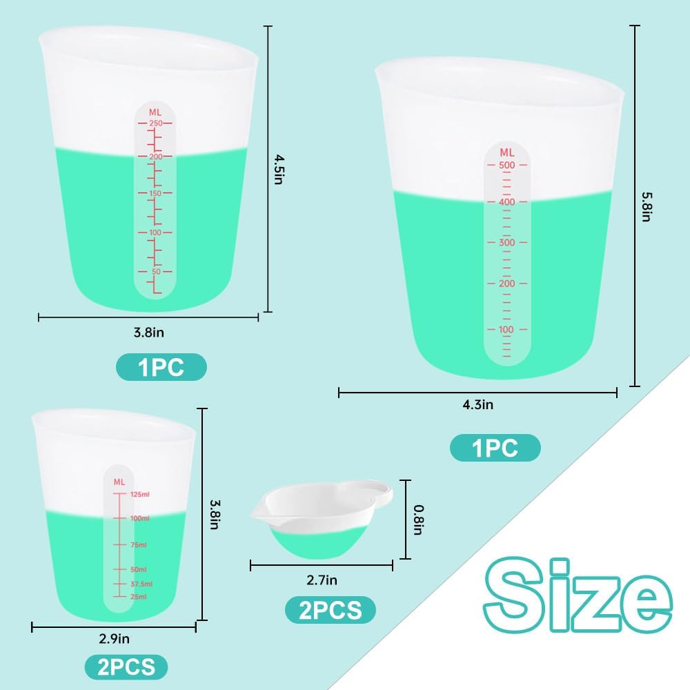 6 PCS Silicone Cup Set, 500ml, 250ml and 125ml for Epoxy Silicone Measuring Cups, Non-Stick Mixing Cups, Casting Molds, Jewelry Making, Silicone Measuring Cups with Marking Ounces/ml