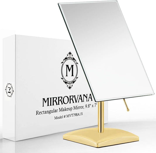 MIRRORVANA Large Free Standing Mirror - Frameless, Gold-Plated, Beveled Design for Desk, Retail Counter, Bathroom and Vanity Dressing Table (9.8" x 7")