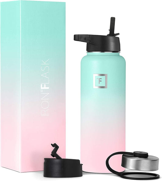 IRON °FLASK Camping & Hiking Hydration Flask with 3 Lids - Stainless Steel, Double Walled & Vacuum Insulated Water Bottle - Leak Proof & BPA Free (Bubble Gum, Straw - 18 oz)
