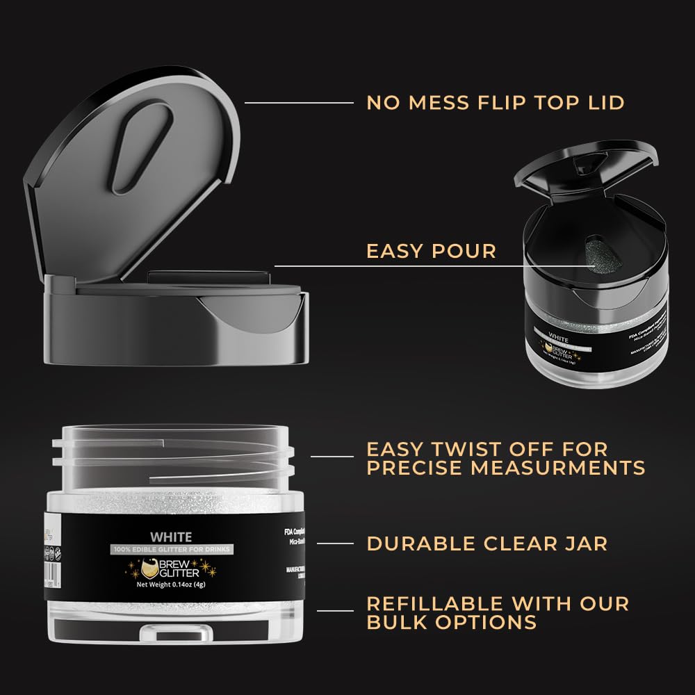 Brew Glitter White Edible Drink Glitter 1x 4g Jar for Cocktails, Beer, & Beverages