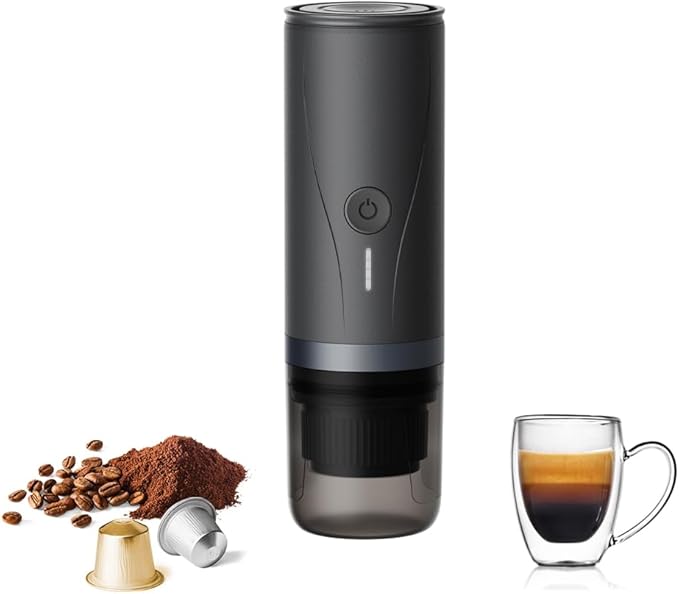 Portable Espresso Maker,Self-Heating Electric Mini Coffee Machine,Up to 20-Bar Pressure,Compatible with NS Capsules & Fine Grind,Coffee Maker for Outdoor Camping,Hiking,RV & Car/Air travel(Black)
