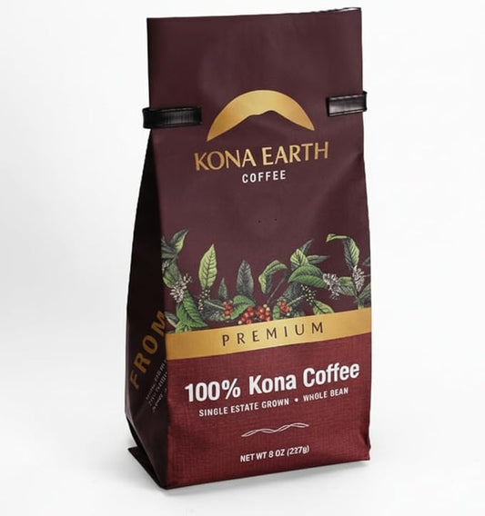 KONA EARTH 100% Kona Premium Coffee, Medium Dark Roast, Whole Bean (8oz) Farm-Direct Authentic Hawaiian Kona Coffee beans from Hawaii’s Big Island, Micro-Batch-Roasted