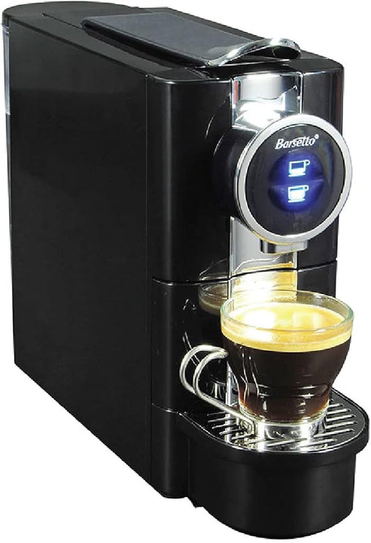 Barsetto One-Touch Espresso Maker with 19 Bar High-Pressure Pump, Fast Pre-Heating, Short or Long Shots, Compatible with Standard Espresso Coffee Pods, Black and Silver Automatic Coffee Machine