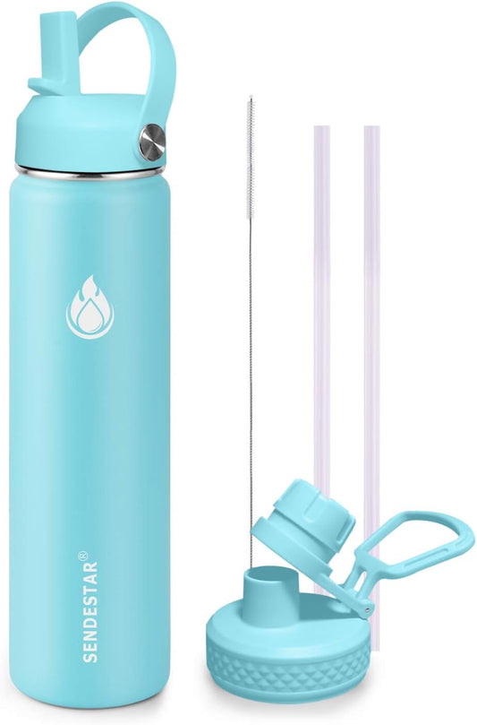 SENDESTAR Stainless Steel Wide Mouth Water Bottle 24oz Double Wall Vacuum Insulated Leak Proof Bottle with New Flex Straw Lid & Spout Lid XIN-MI-0750-1