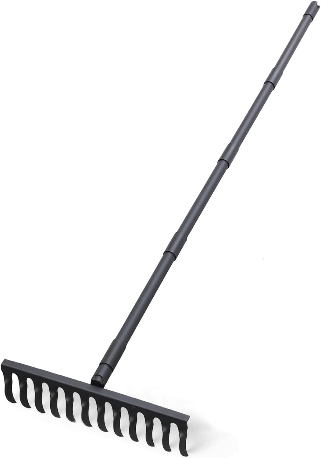 Bow Rake for Soil Leveling 60 Inch Heavy Duty Garden Tool with 12 Tines Adjustable Long Handle Thatch Rake for Gardening Loosening Soil Leveling Mulch Gathering Leaves, Black