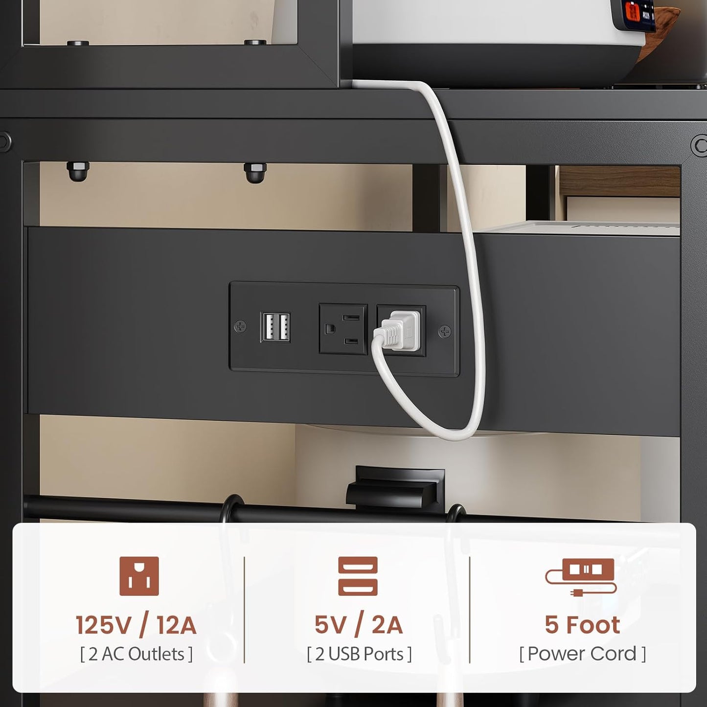 Itaar 47.2 Inch Bakers Rack with Power Outlet, Microwave Stand with Storage, Farmhouse Coffee Bar Cabinet Station with Wine Rack, Iron Mesh and 8-S Hooks (Black)