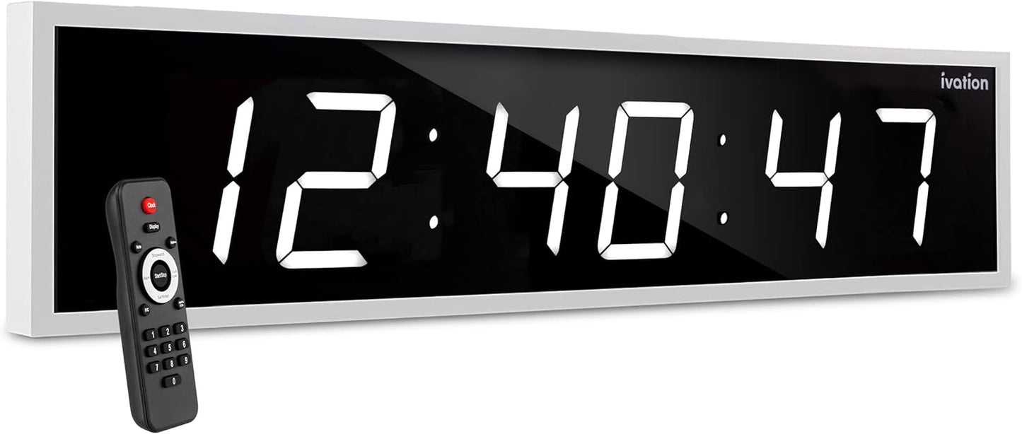 Ivation Huge Oversized 72" Large Digital LED Clock | Big Digital Clock w/Multi-Function Display – Stopwatch, Timer, Alarms, Temp & Date | 6 Brightness Levels, Time Memory & Remote (White)