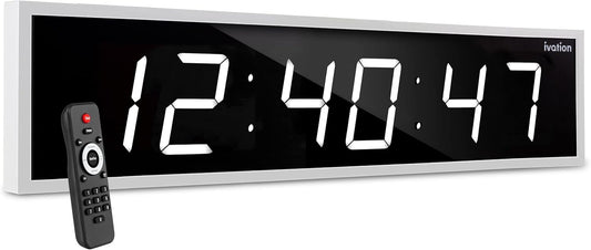 Ivation Huge Oversized 72" Large Digital LED Clock | Big Digital Clock w/Multi-Function Display – Stopwatch, Timer, Alarms, Temp & Date | 6 Brightness Levels, Time Memory & Remote (White)