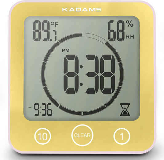 KADAMS Shower Clock Waterproof Bathroom Timer – Digital Wall Clock with Countdown, Magnetic Kitchen Clock with Temperature & Humidity, Suction Cup for Kids Shower Spa Sauna Cook Bath (Yellow)