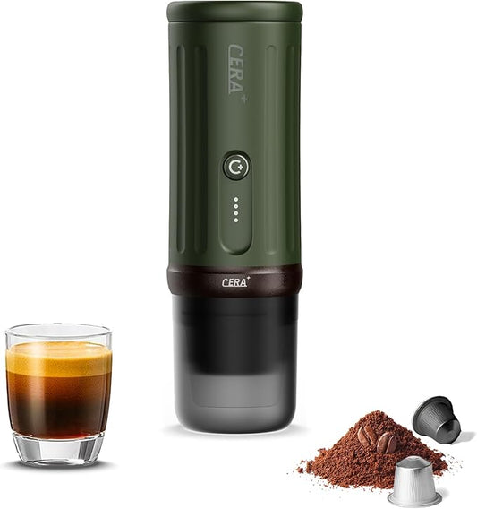 CERA+ Portable Espresso Machine 5-8 Cups per Charge, Self-Heating 20 Bar， NS Pods & Ground Coffee, CERApresso Electric Travel Coffee Maker for Outing, Working, Camping (Arabica Green)