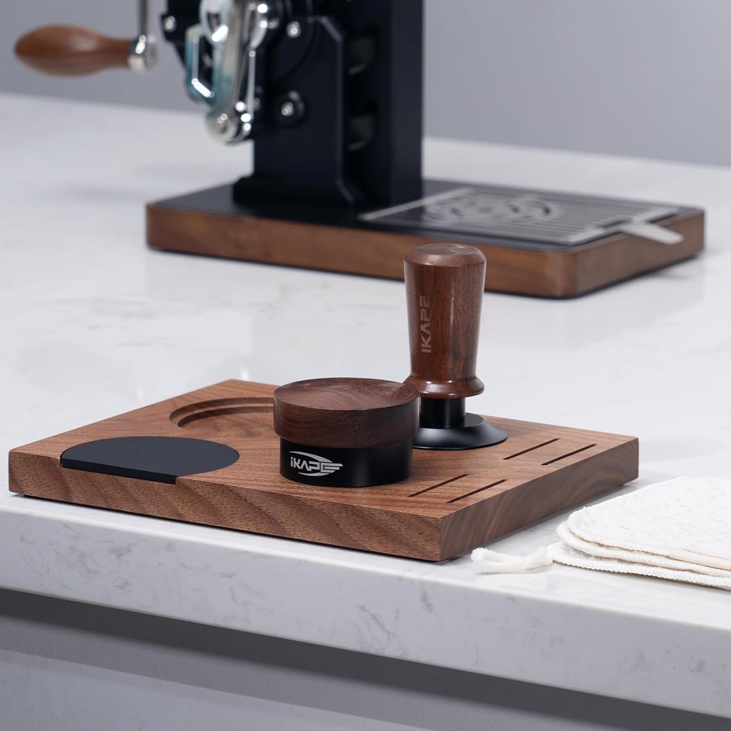 IKAPE 53MM Espresso Tamper Kit 5 IN 1, Wooden Coffee Tamper Set, Coffee Tamper, Distributor, Coffee Base, Puck Screen, Cleaning Towel - Essential for Baristas, Crafted from Durable Walnut Wood
