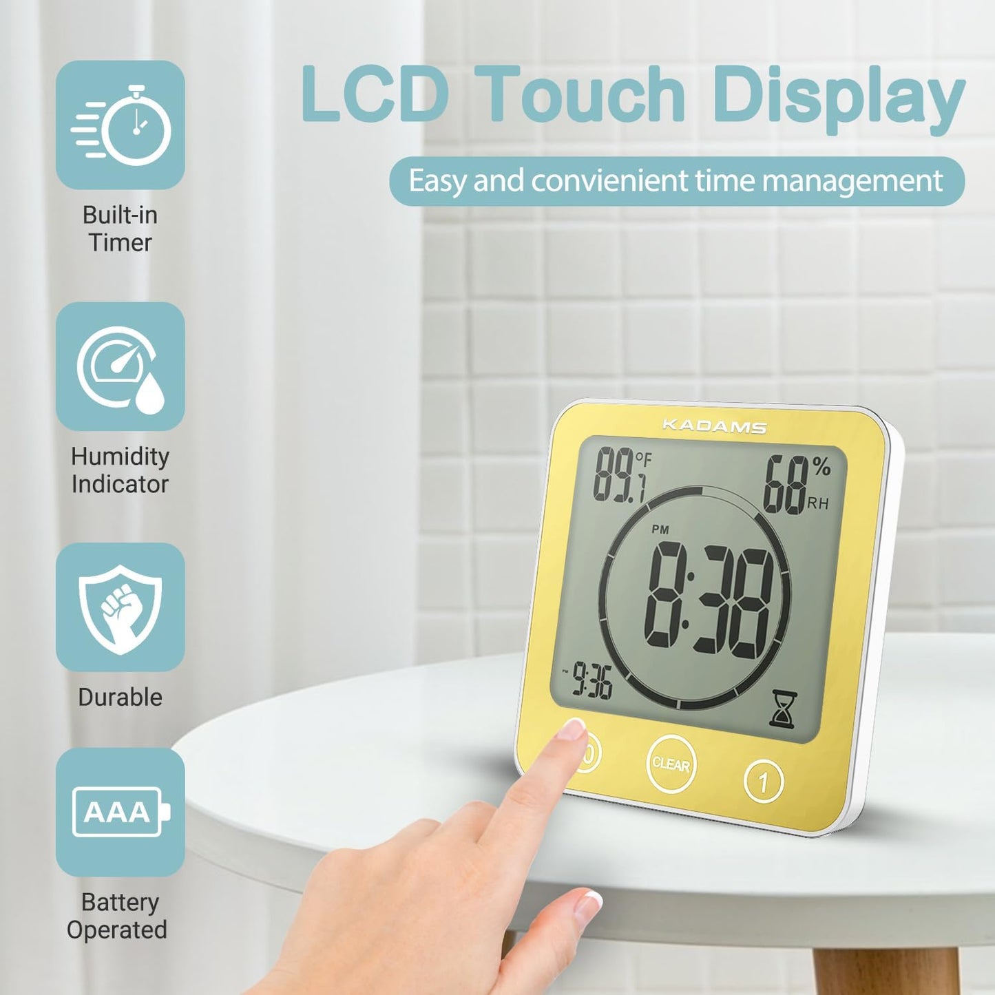 KADAMS Shower Clock Waterproof Bathroom Timer – Digital Wall Clock with Countdown, Magnetic Kitchen Clock with Temperature & Humidity, Suction Cup for Kids Shower Spa Sauna Cook Bath (Yellow)