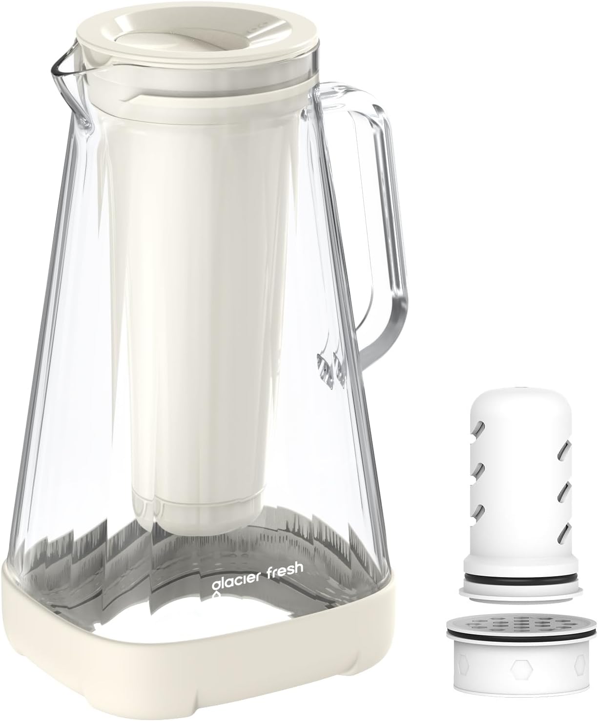 GLACIER FRESH 10 Cup Purela Glass Water Pitcher with 1 Ultrafiltration Membrane and Activated Carbon Filter, Reduces 99% Chlorine, PFOA&PFOS, Coliforms, White