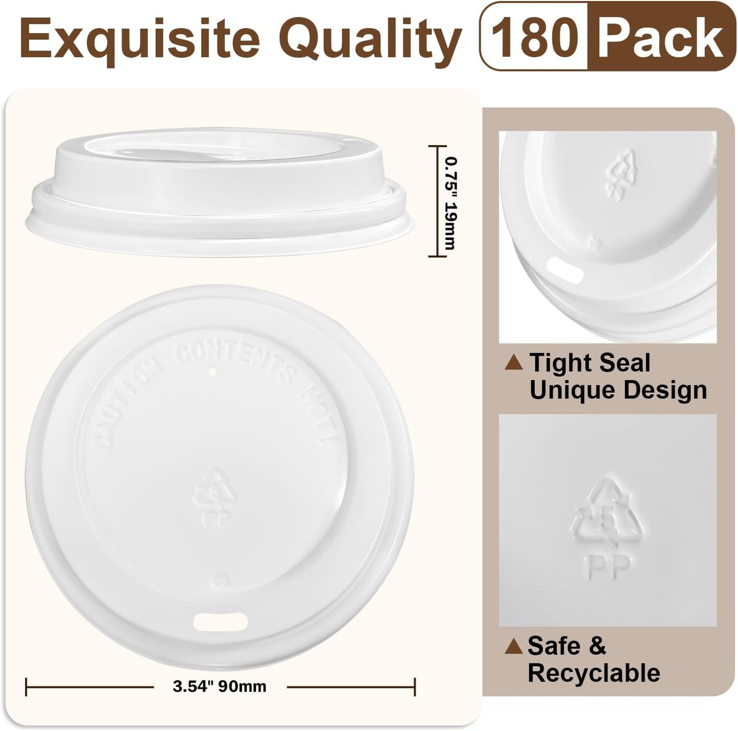 180 Pack Coffee Cup Lids - Disposable Coffee Lid, White Plastic Lids for 10, 12, 16, 20, 24 oz Paper Cups, Leak Proof Cup Lid 3.54 Inches/90 mm Diameter