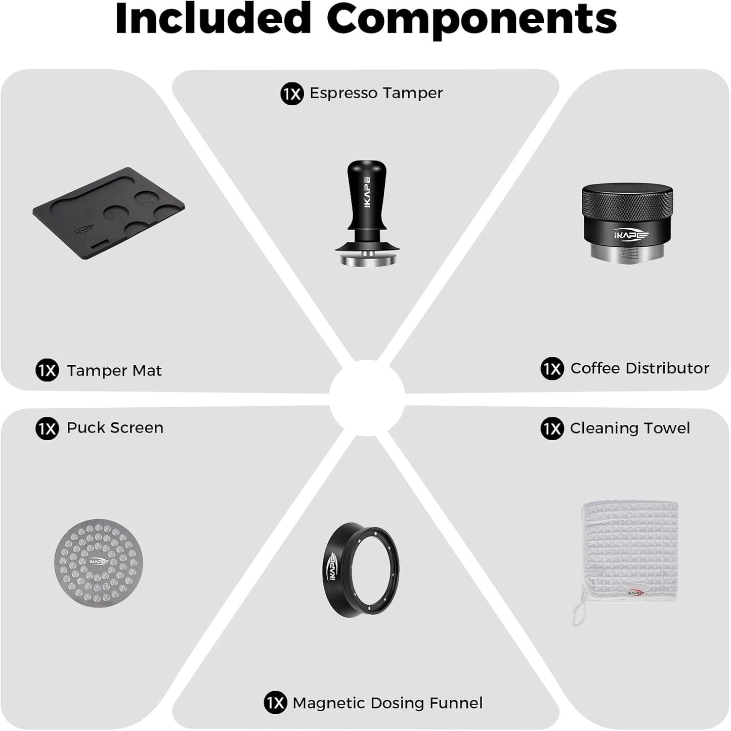 IKAPE 53.3MM Espresso Tamper Kit Black 6 IN 1, Espresso Tool Kit with Coffee Tamper, Distributor, Magnetic Dosing Funnel, Silicone Mat, Puck Screen, Cleaning Towel
