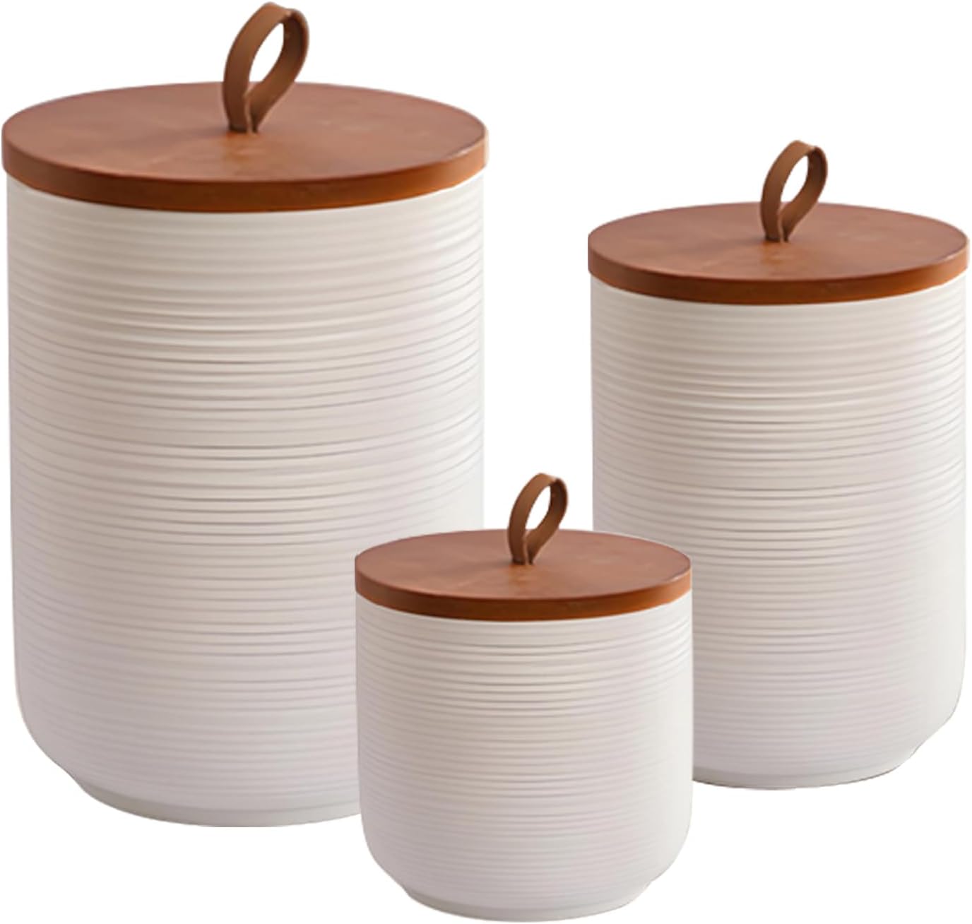 Food Storage Jar Strong Ceramic Storage Canisters with Airtight Wooden Lid,Kitchen Storage Containers for Serving Coffee Beans, Tea, Sugar, Salt, Spices (White three-piece suit)