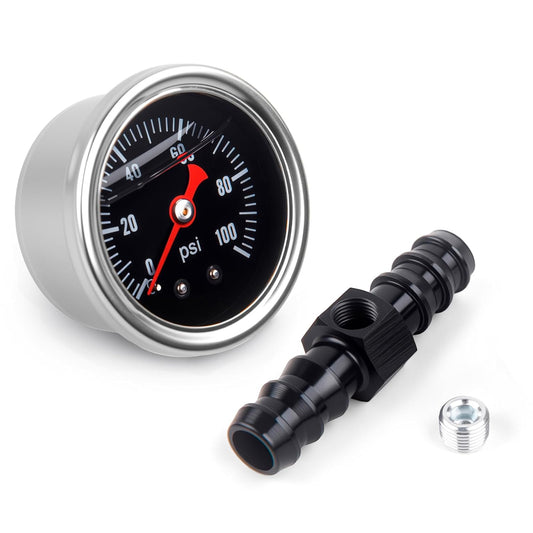 Universal 0-100psi Fuel Pressure Gauge 1/8" NPT Oil Press Gauge with 1/2" Barb Inline Fuel Pressure Gauge Fitting Adapter