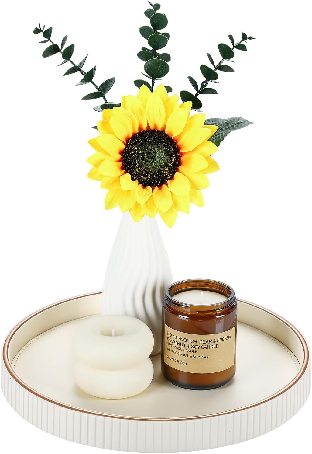 GORESE Round Decorative Serving Tray for Coffee Table Decor, 12" PU Leather Table Centerpiece Home Decor, Valet Tray for Trinket Jewelry Perfume Key, Ottoman Tray Nightstand Organizer, Cream White