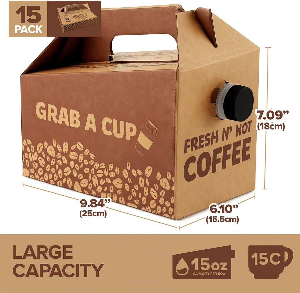 Stock Your Home 96 oz Disposable Coffee Box Dispensers (15 Pack) – Insulated Beverage Server with Handle, Cardboard Coffee Carrier for Hot or Cold Drinks, To Go Boxes for Takeout & Events
