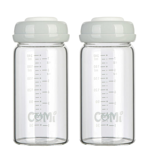 COMI Wide Neck Glass Breastmilk Collection n Storage Bottle, 8oz with Screw Ring Sealing Disk; Re-markable Sealing Disc. BPA Free, Fits Breast Pumps & Nipples (2 Gray Lids)