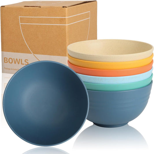 Wheat Straw Camping Bowls Sets of 6,Unbreakable 26oz Lightweight Bowls Sets for Outdoors Activity,Breakfast Bowls for Cereal and Salad.Vibrant Series