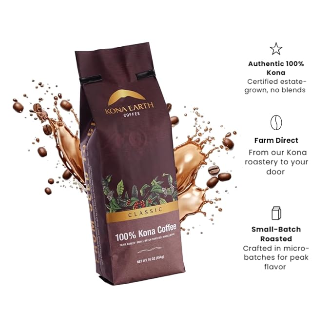 KONA EARTH 100% Kona Peaberry Coffee, Classic Dark Roast, Whole Bean, 1 lb (16oz) Farm-Direct Authentic Hawaiian Kona Coffee beans from Hawaii’s Big Island, Micro-Batch-Roasted