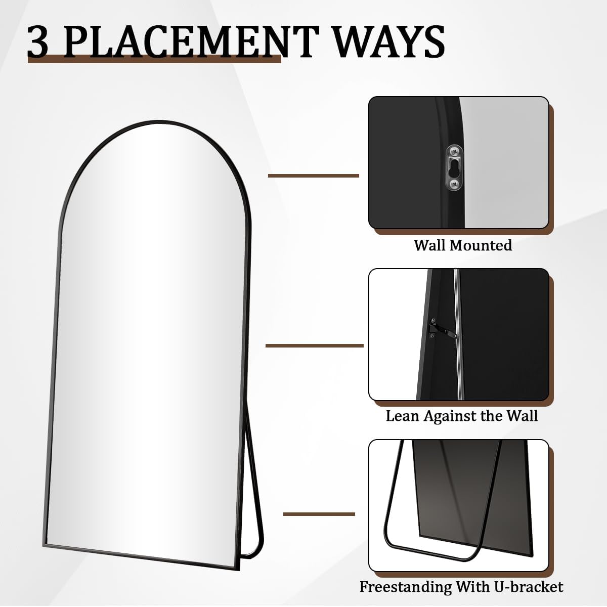 VooBang 24 x 65 inch Arched Full Length Mirror, Black Arch Floor Mirror Full Length with Stand, Full Body Standing Mirror for Living Room, Bedroom, Hanging or Leaning Against The Wall