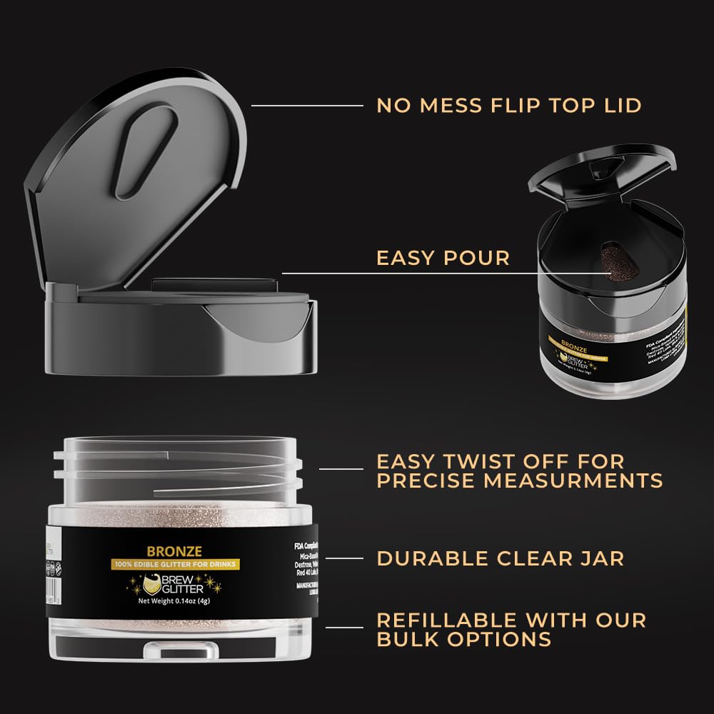 Brew Glitter Bronze Edible Drink Glitter 1x 4g Jar for Cocktails, Beer, & Beverages