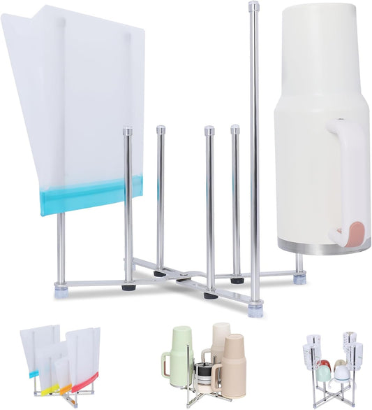Plastic Bag Drying Holder, Bottle Drying Rack, Multifunctional Kitchen Grocery Bag Stand, Collapsible Cup Draining Rack for Wine Decanter, Mugs, Mason Jars, Water Bottle (10.63 Inches Height)