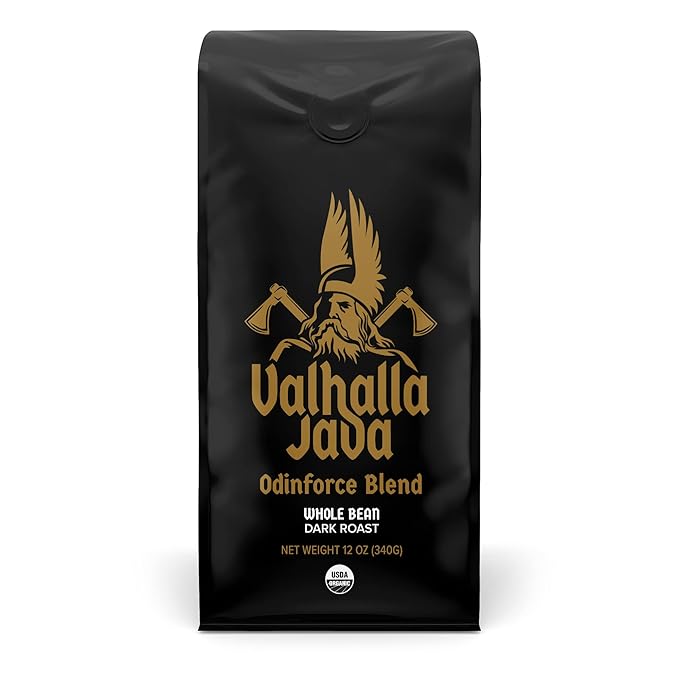 Death Wish Coffee, Valhalla Java Odinforce Blend - Whole Bean Dark Roast - Extra Kick of Caffeine - Arabica & Robusta Coffee Beans - 12 Ounce (Pack of 1)