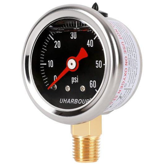 Glycerin Filled Pressure Gauge with 304 Stainless Steel Case, 1-1/2" Black Dial, 0-60Psi, High Accuracy, 1/8" NPT Center Bottom Mount……