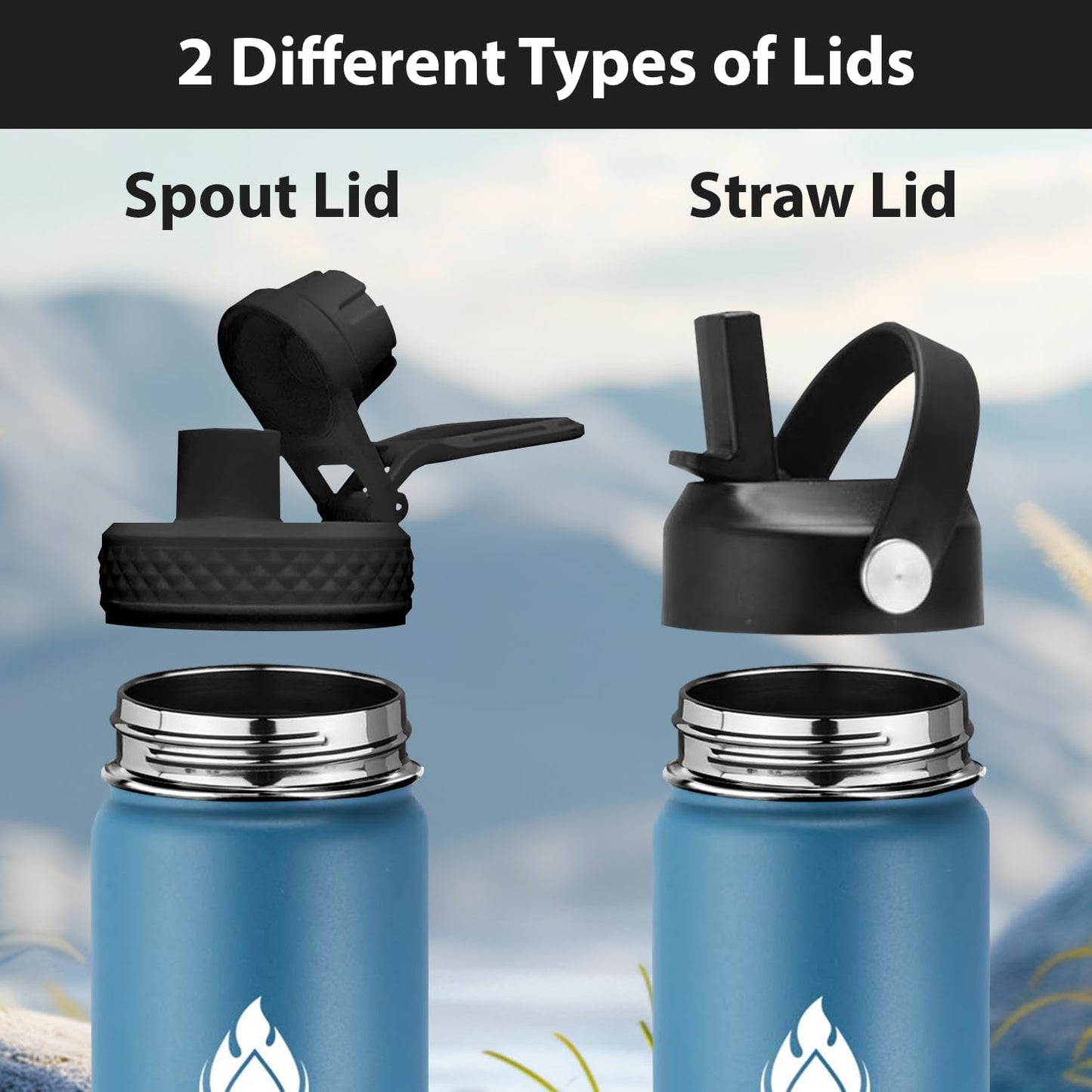 SENDESTAR Water Bottle 24oz Double Wall Vacuum Insulated Leak Proof Stainless Steel Sports Water Bottle—Wide Mouth with New Flex Straw Lid & Spout Lid (Deep Blue&Black)