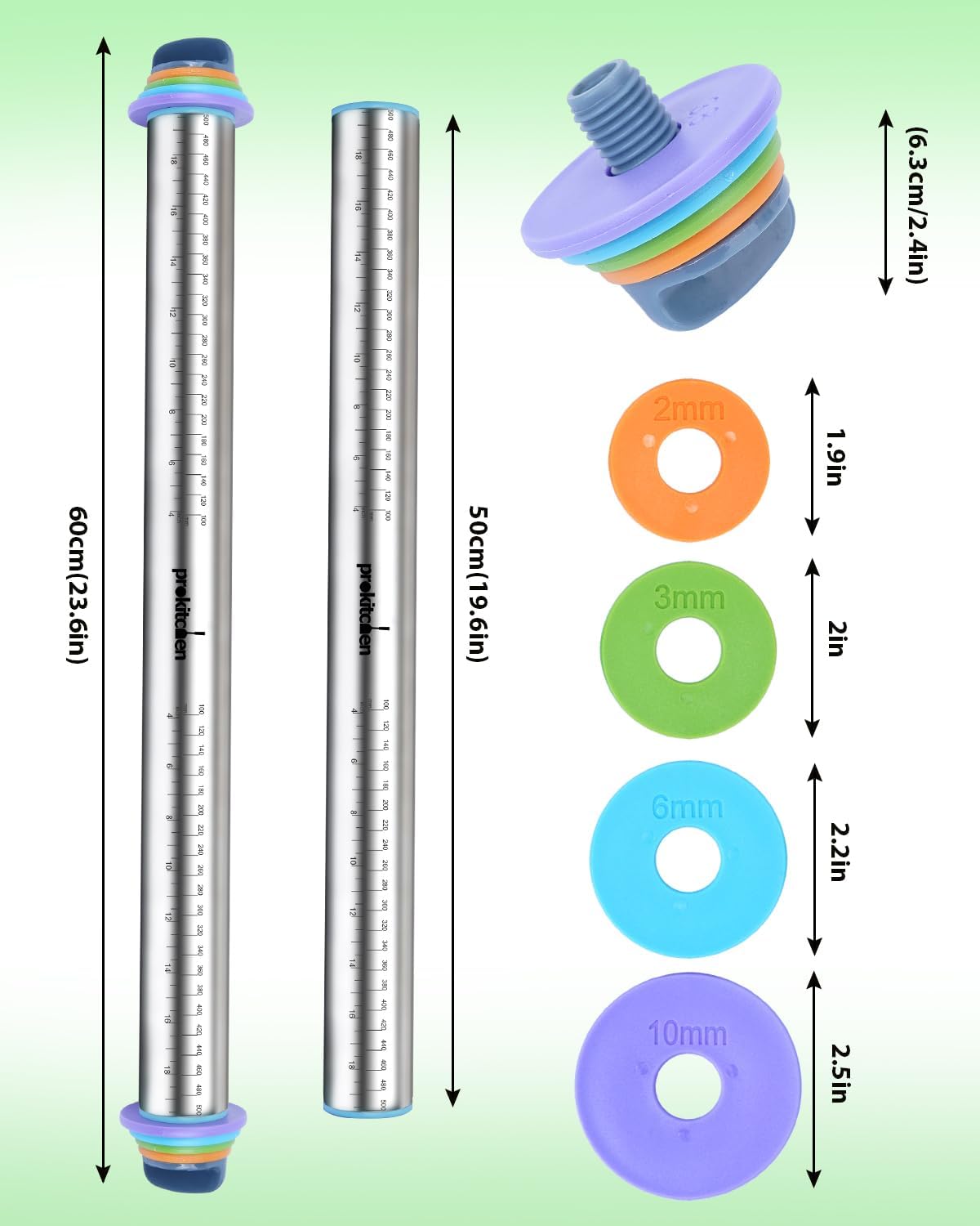 Adjustable Rolling Pin with Thickness Rings for Baking, Adjustable Stainless Steel Designs Dough Roller Pins for Cookie Decorating & Dough Pizza Pie Adjustable Long Rolling Pin 23.6 Inch