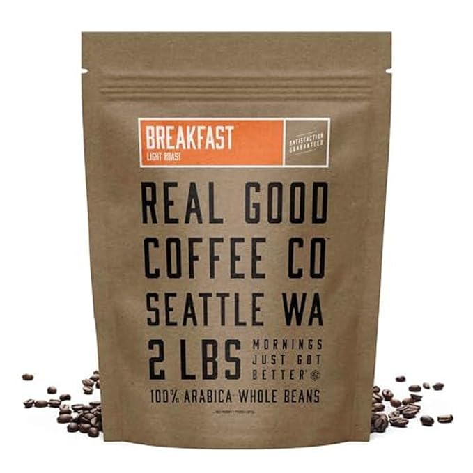 Real Good Coffee Company Whole Bean Light Roast Coffee - Breakfast Blend Light Roast Coffee Beans - Fresh Roasted Brew with Citrus & Chocolate Notes - 32 Oz