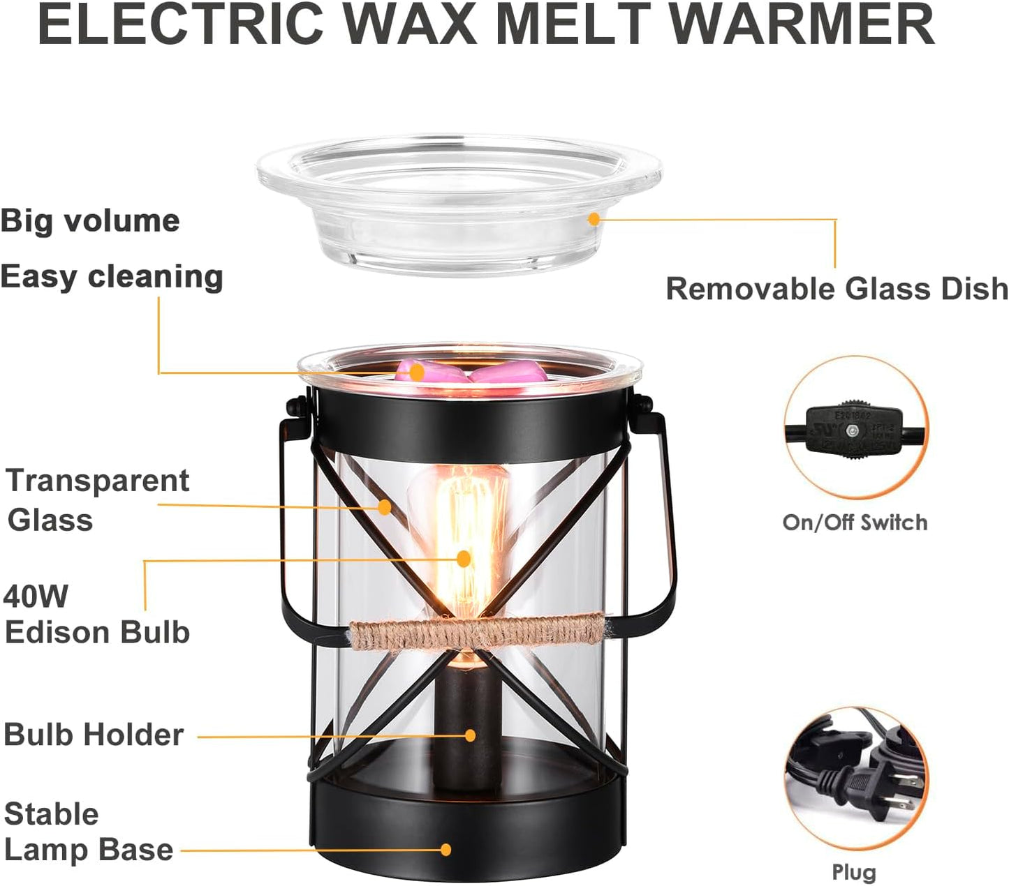 Electric Wax Warmer - Metal Wax Melting for Scented Wax, Edison Light Bulb Candle Wax Burner, for Home Decoration Office Wax Melting Melter, Gift (Retro, Metal Handle)