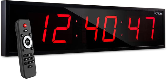 Ivation Huge Oversized 48" Large Digital LED Clock | Big Digital Clock w/Multi-Function Display – Stopwatch, Timer, Alarms, Temp & Date | 6 Brightness Levels, Time Memory & Remote (Red)