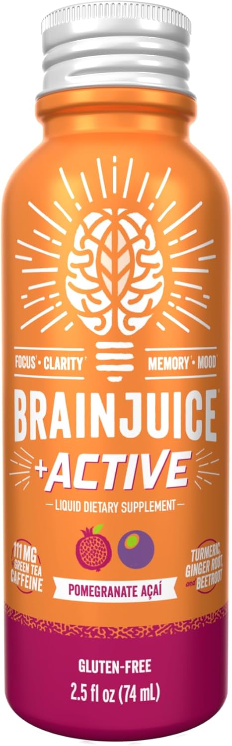 BrainJuice Active Focus & Energy Drink Shots, Supports Endurance, Recovery & Clarity, Non-GMO, Gluten Free, Nootropics, Alpha GPC, B Vitamins & Organic Green Tea, Pomegranate Acai, 2.5 fl oz, 12 Pack