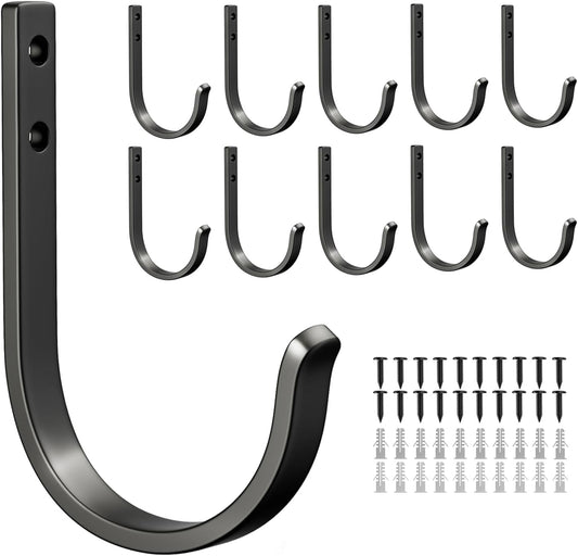 10-Pack Wall Hooks for Hanging Towel/Coat - 22LB Screw in Metal Hanger Wall Mount, for Outdoor, Closet, Door, Bathrooms, for Backpack, Robe, Black