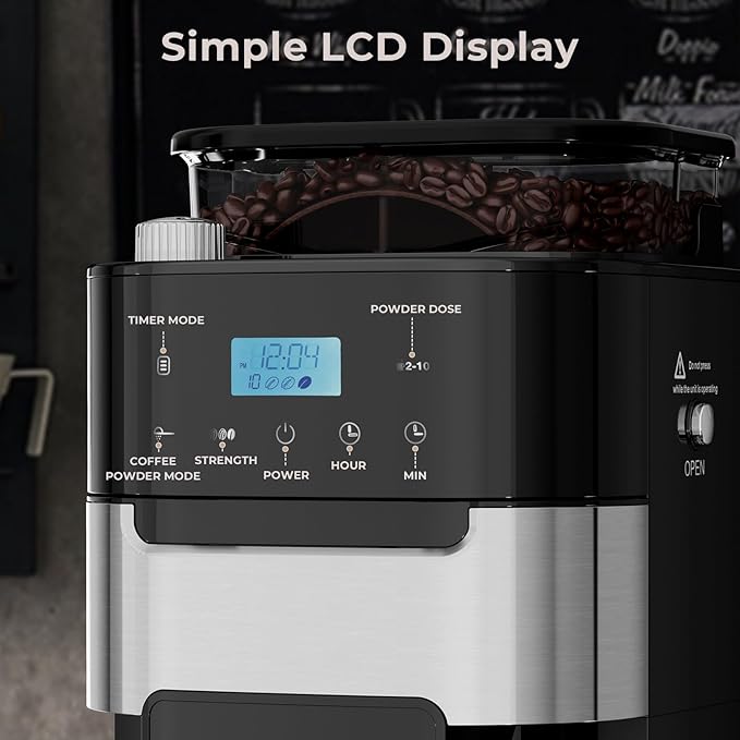 Drip Coffee Maker with Grinder Built In, 10-Cup Grind and Brew Coffee Machine, Programmable with Brew Strength, Permanent Filter, Glass Carafe, 50oz Water Reservoir, Ideal for Home/Office, Black