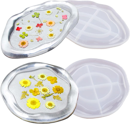 2PCS Large Resin Tray Molds Irregular Oval Round Tray Silicone Mold with Edge Jewelry Tray Trinket Plate Candle Holder Mold for Epoxy Resin Casting Concrete Cement DIY Art Craft Home Decor